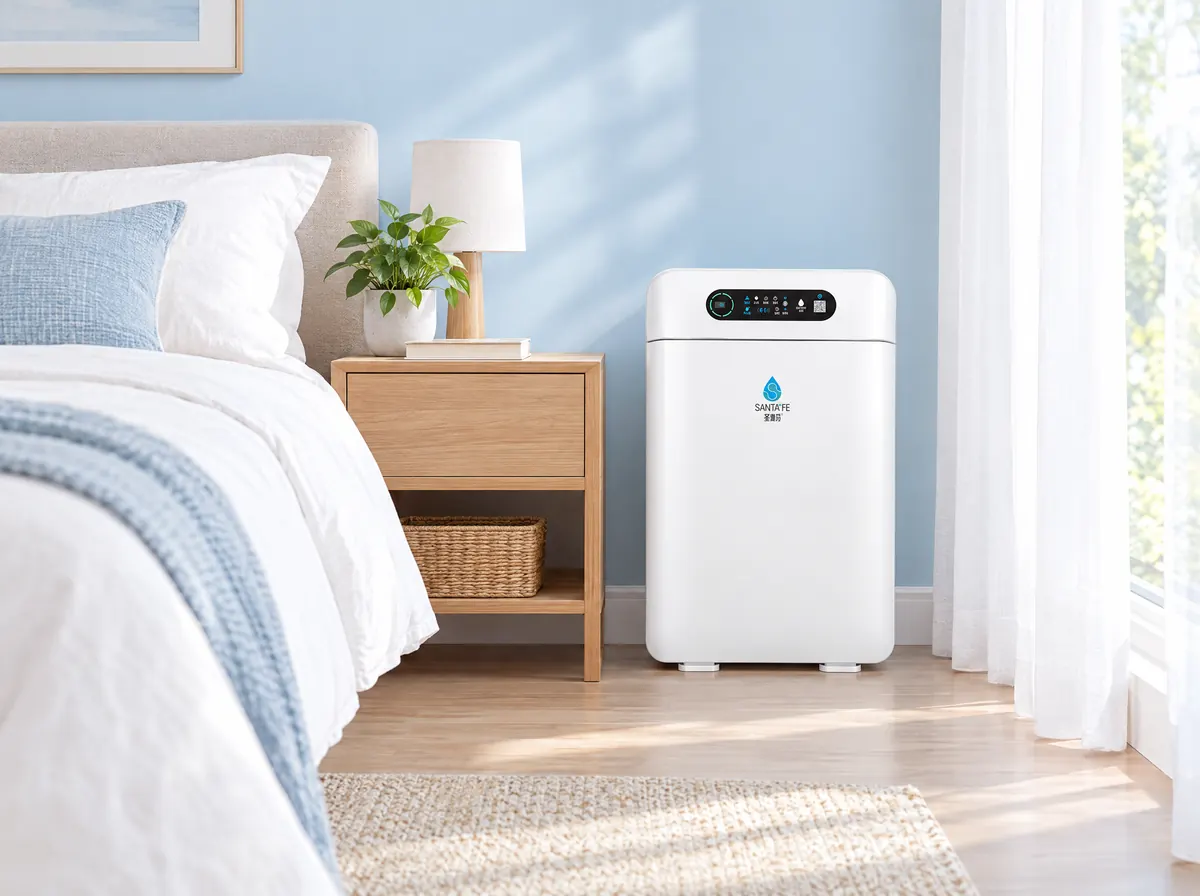 SantaFe AM01 air purifier beside a bed in a calm bedroom