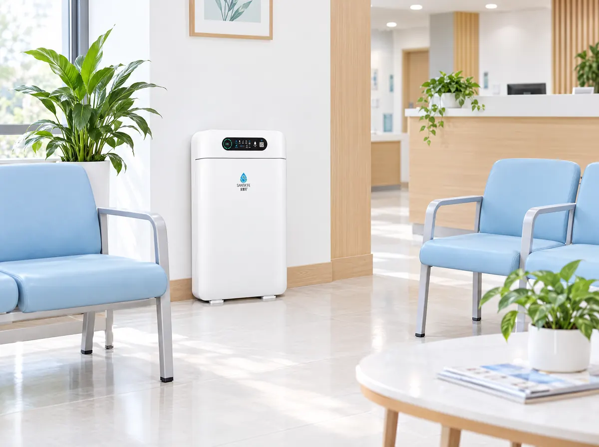 SantaFe AM01 air purifier in a clinic waiting area with blue chairs