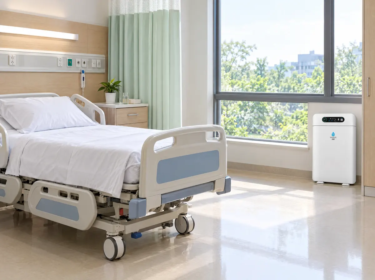 SantaFe AM01 air purifier beside the window of a private hospital ward