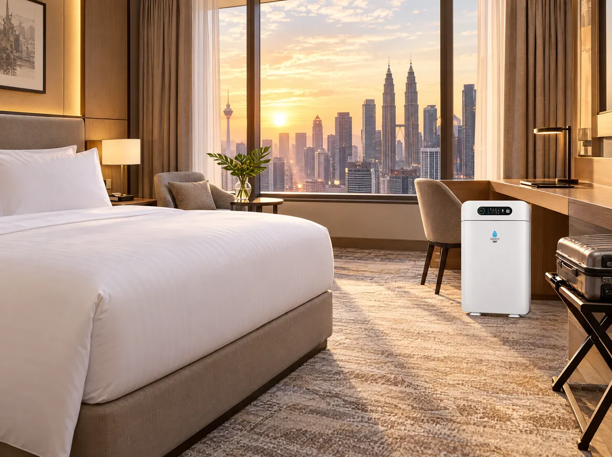 SantaFe AM01 air purifier in a Kuala Lumpur hotel room with a city view