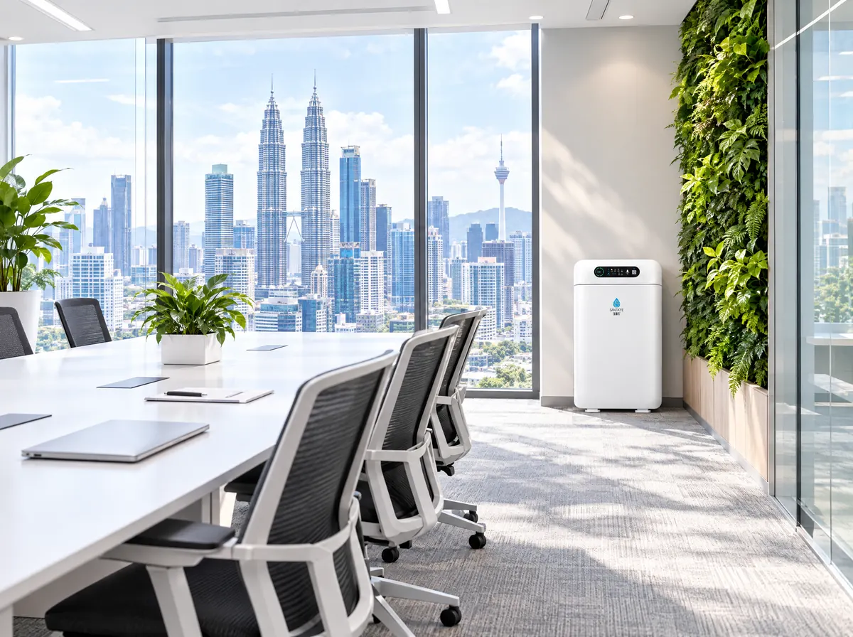 SantaFe AM01 air purifier in an office meeting room overlooking Kuala Lumpur
