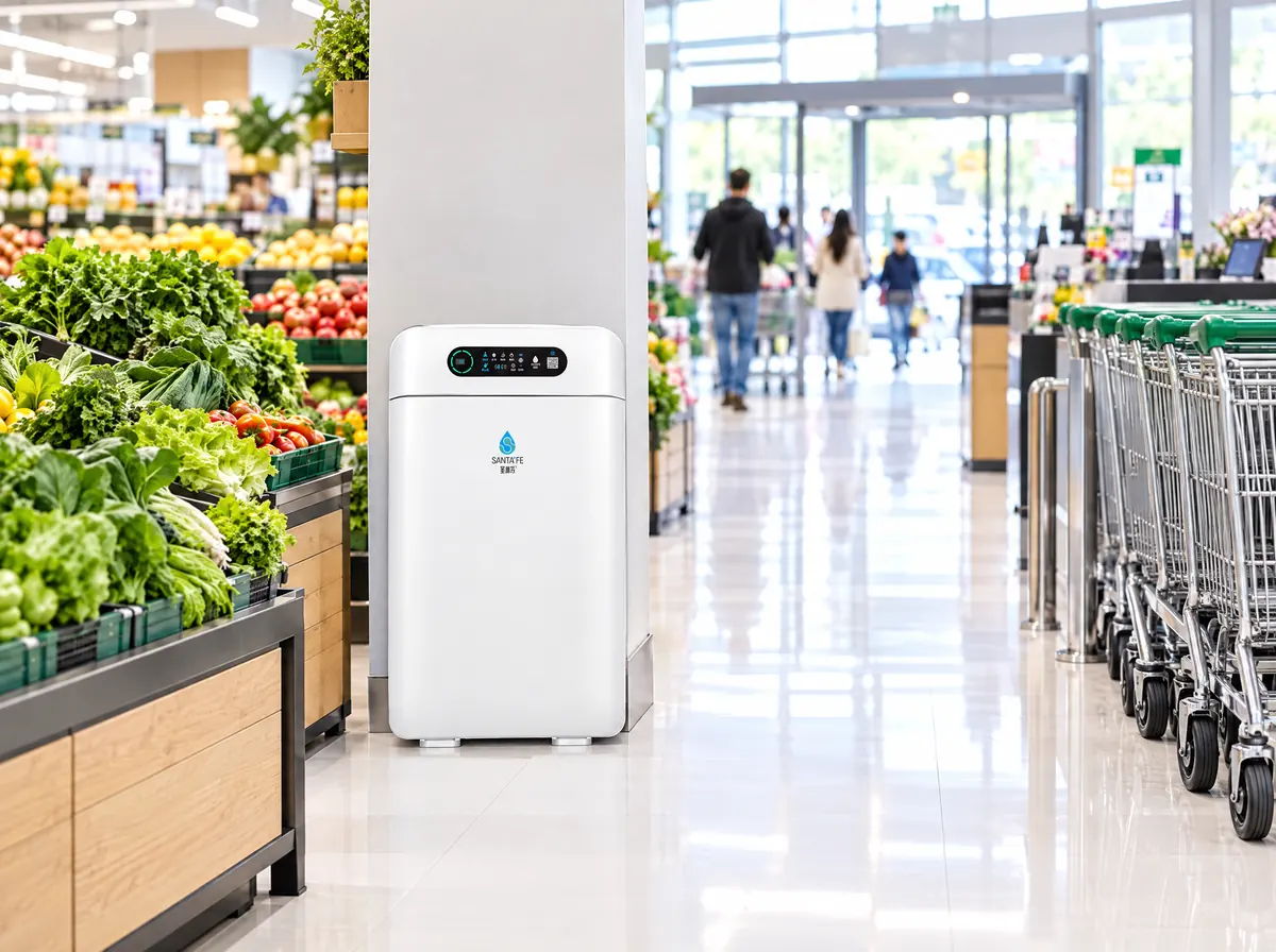 SantaFe AM01 air purifier near the entrance of a supermarket