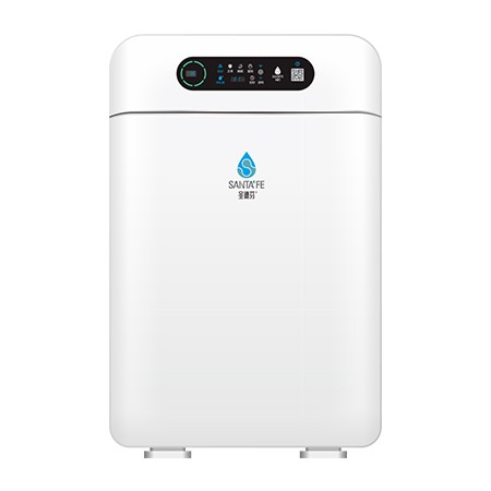 SantaFe AM01 air purifier, front view, white body with touch control panel